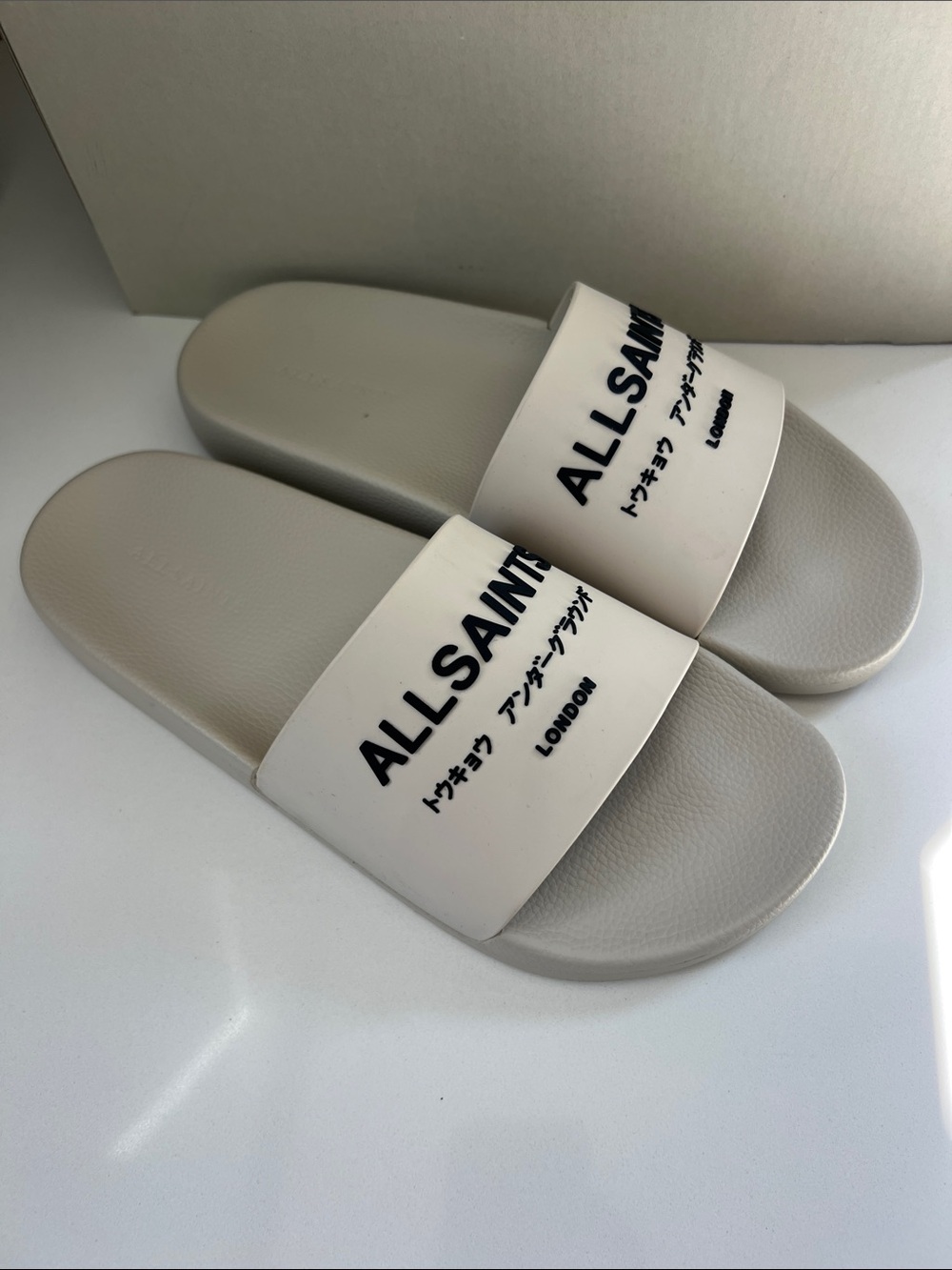 ALLSAINTS underground logo open toe slip on slider sandals cream light gray 42